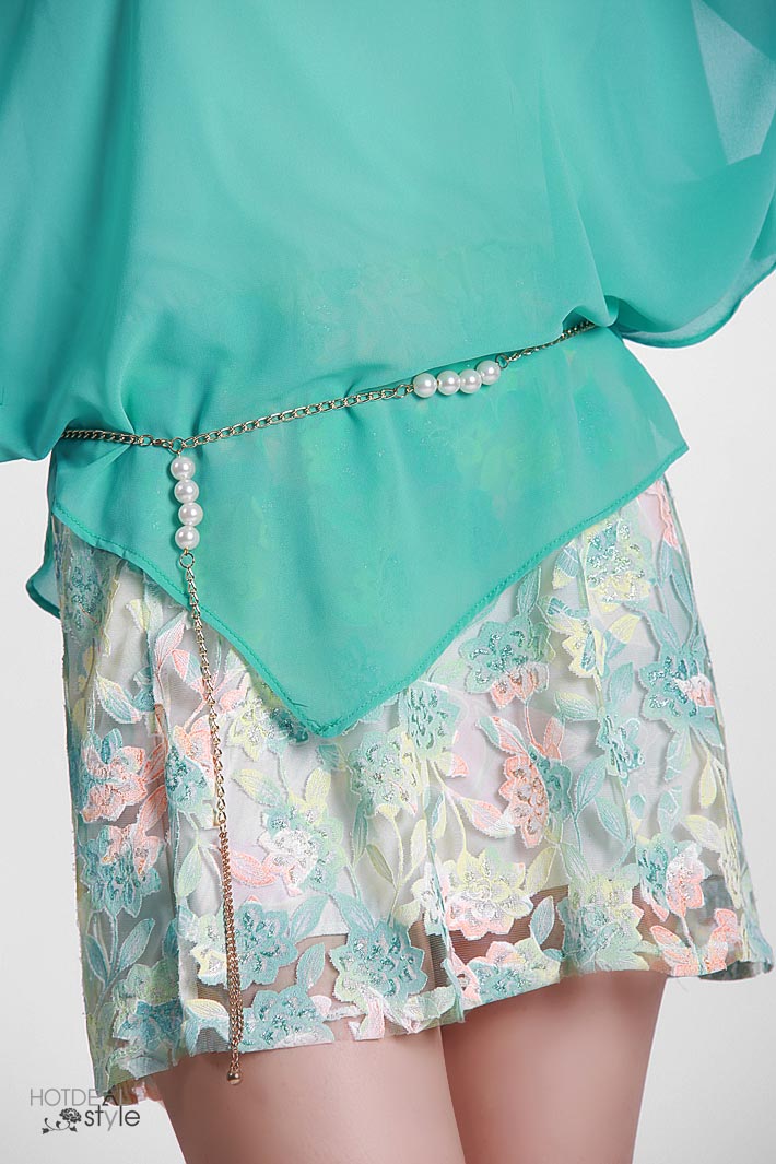 Đầm Chân Váy Ren Hoa + Dây Ngọc Trai Cao Cấp